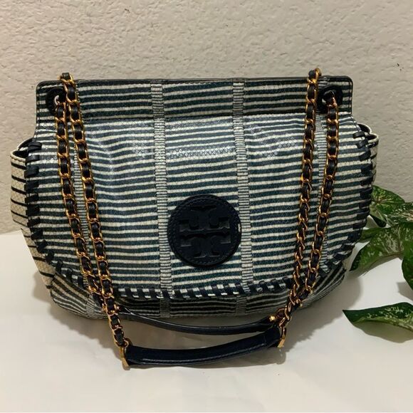 TORY BURCH MARION PATCHWORK SADDLEBAG Blue white liknew - Picture 3 of 16